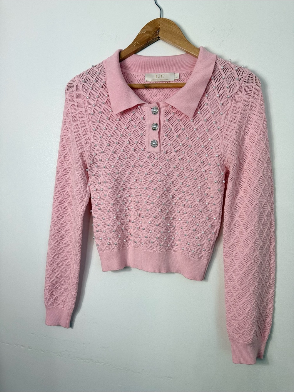 Pink Embellished Knit Polo Sweater